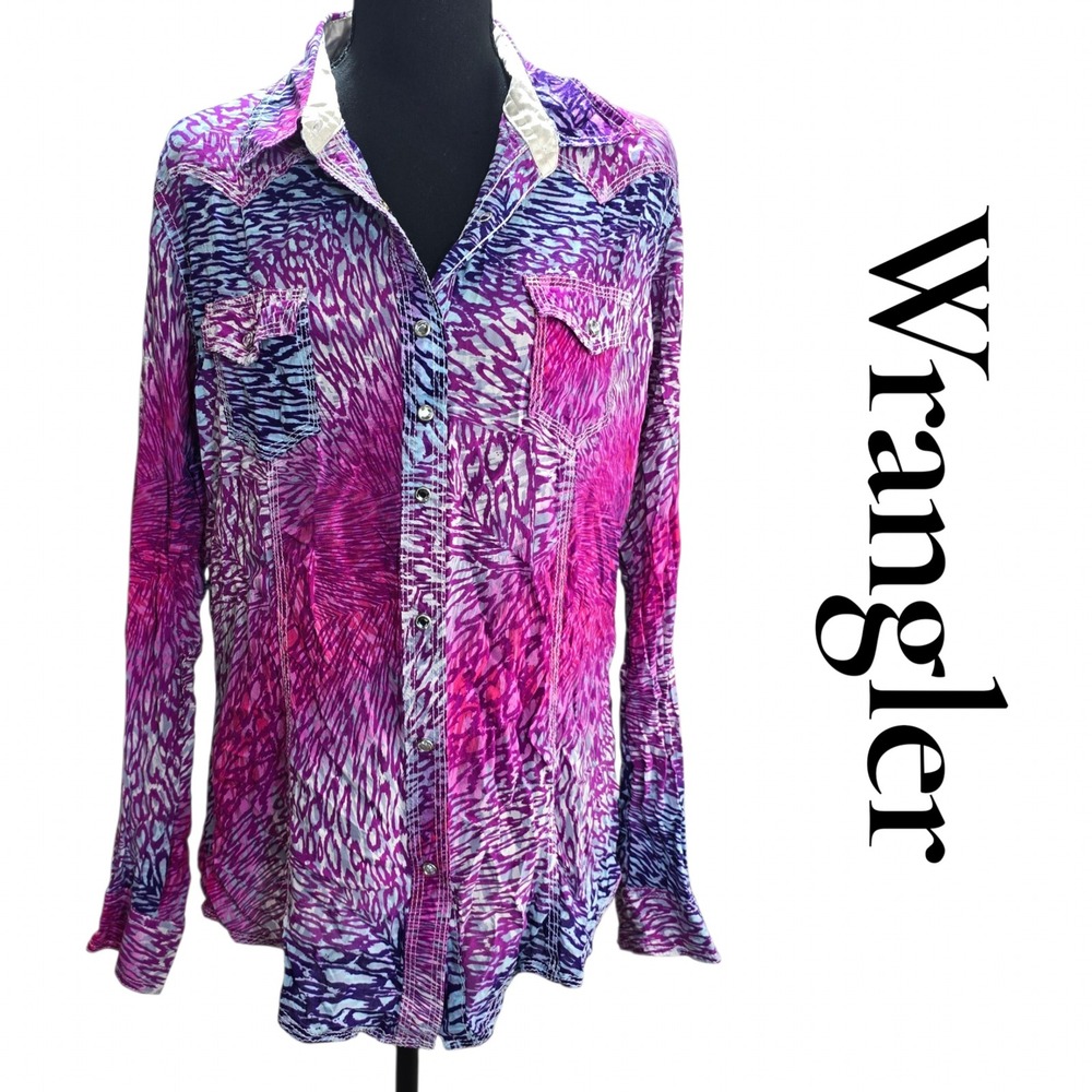 Wrangler Rock 47 Western Shirt Womens Large Purple Pink Rayon Snap Animal Print